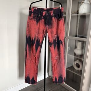 True Religion Red Black Dyed Distressed Straight Leg Relaxed Fit Denim Jeans 38